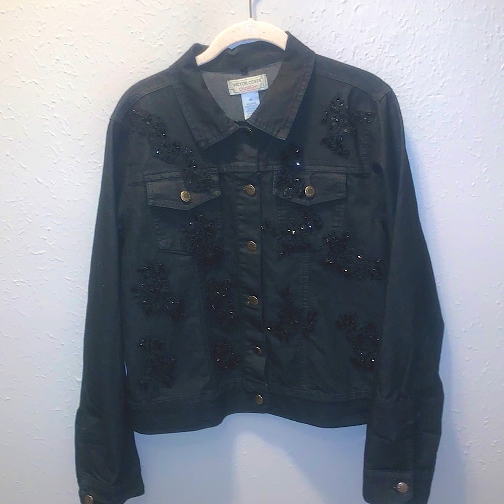 Victor Costa Designer Black Jean Jacket Coat Embellished Women’s Size XS